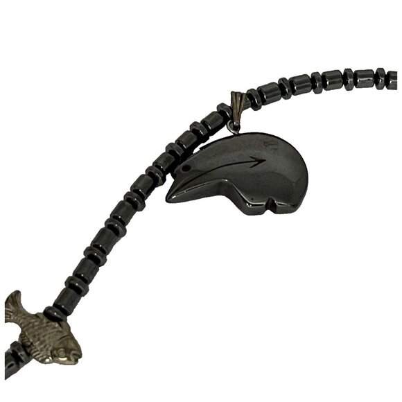 Southwest Hematite Native Fetish Bear w Fishes Set Necklace, Drop Earrings 21" L - Picture 6 of 7